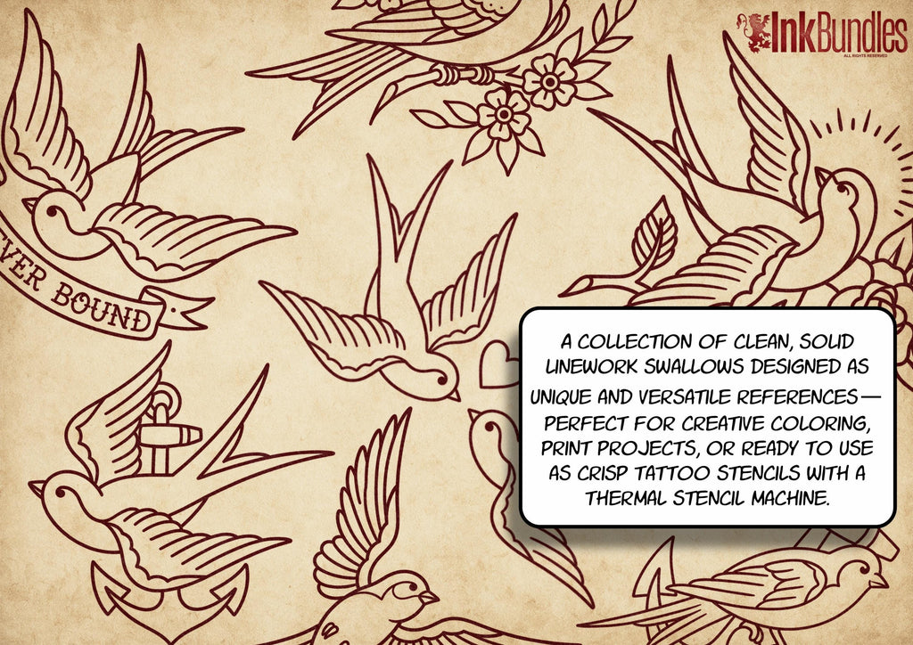 Traditional Swallows Tattoo Design kit - Procreate | 100+ Classic Swallow Tattoos, Old School Stencils