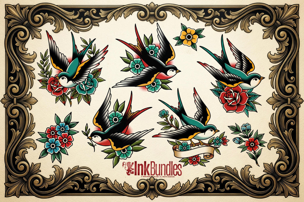 Traditional Swallows Tattoo Design kit - Procreate | 100+ Classic Swallow Tattoos, Old School Stencils