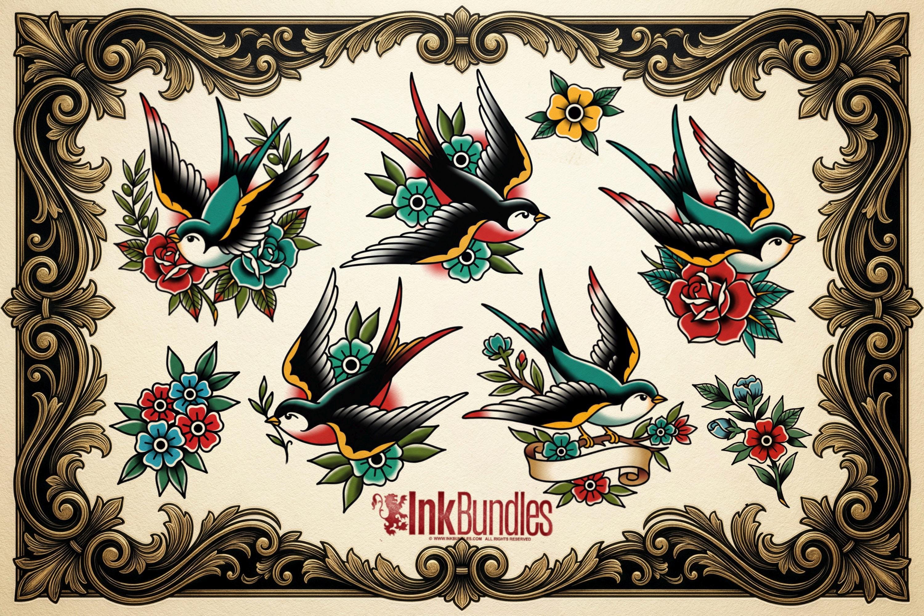 Traditional Swallows Tattoo Design kit - Procreate | 100+ Classic Swallow Tattoos, Old School Stencils