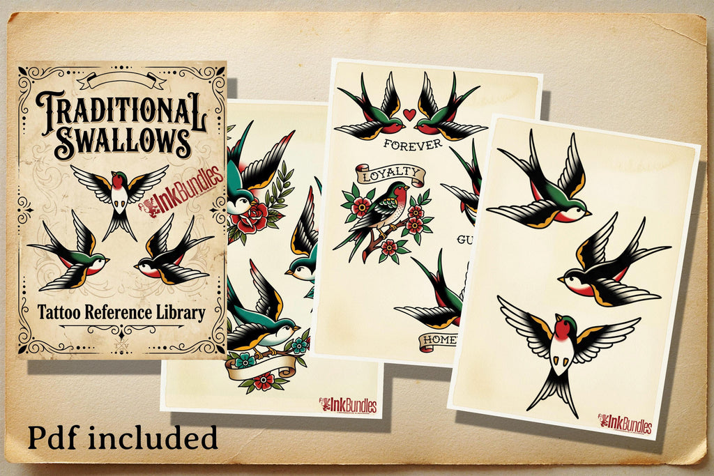 Traditional Swallows Tattoo Design kit - Procreate | 100+ Classic Swallow Tattoos, Old School Stencils
