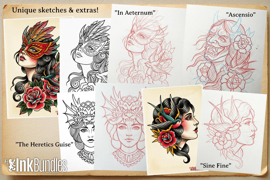 Traditional Ladies Tattoo Flash PDF eBook | Neo-Traditional Girl Stencils | Old School References & Coloring Pages