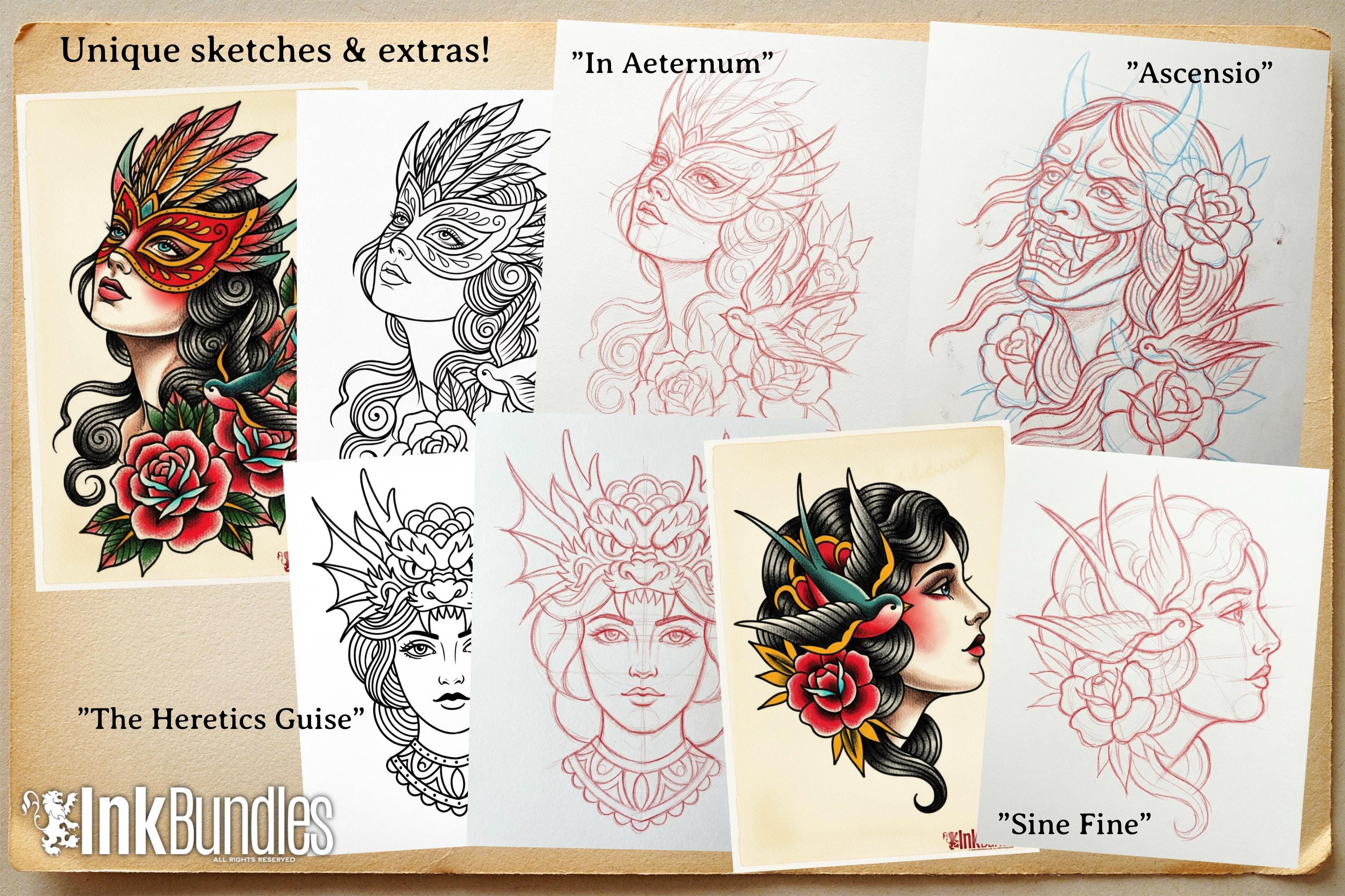 Traditional Ladies Tattoo Flash PDF eBook | Neo-Traditional Girl Stencils | Old School References & Coloring Pages
