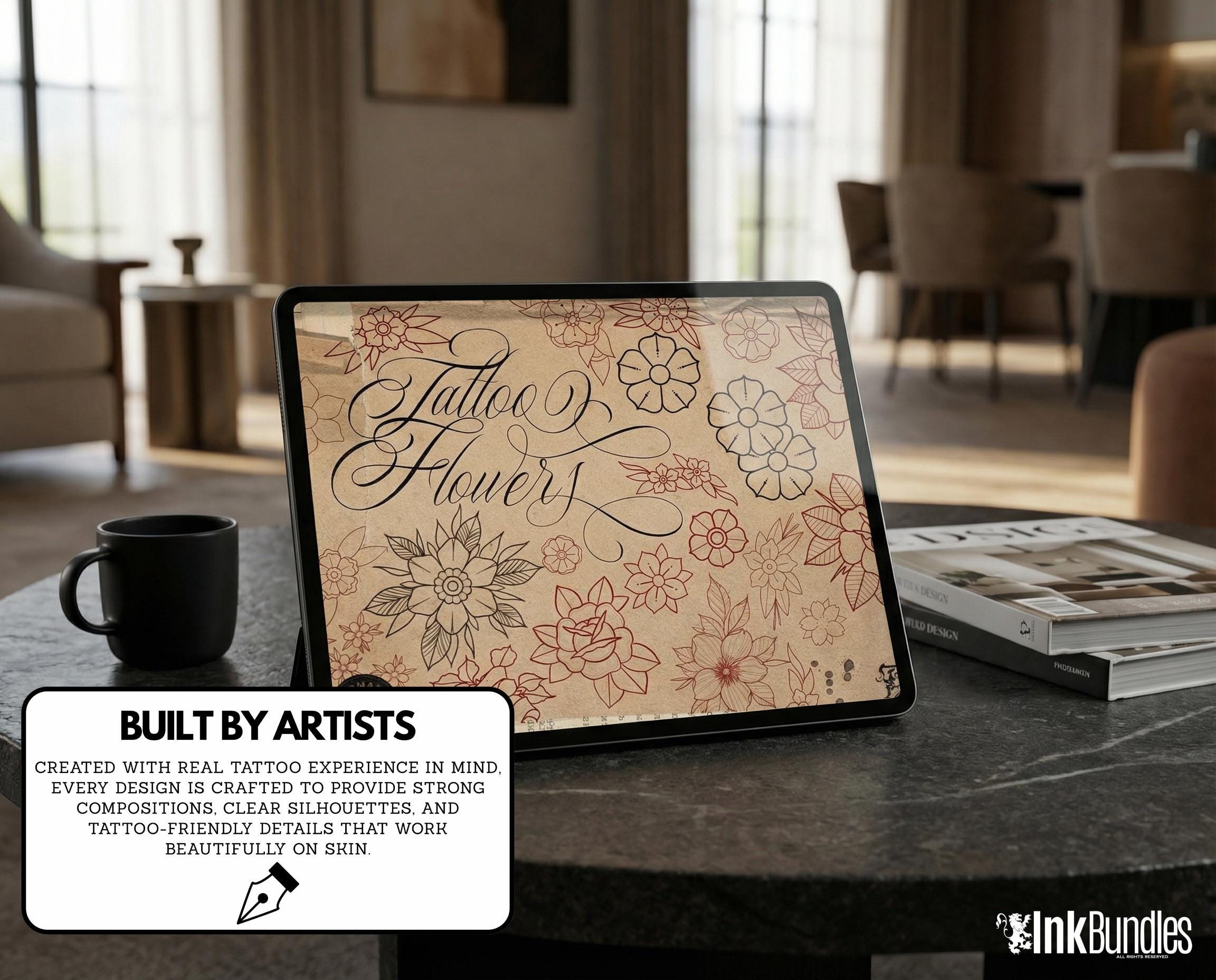 Traditional Tattoo Flower Procreate Stamps: Vintage Flash Art Designs (PNG, SVG, EPS)