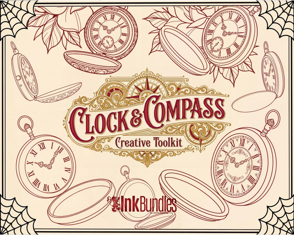 Clock Compass Procreate Brushes, Pocket Watch Tattoo Stencils, Timepiece Stamps Digital Download