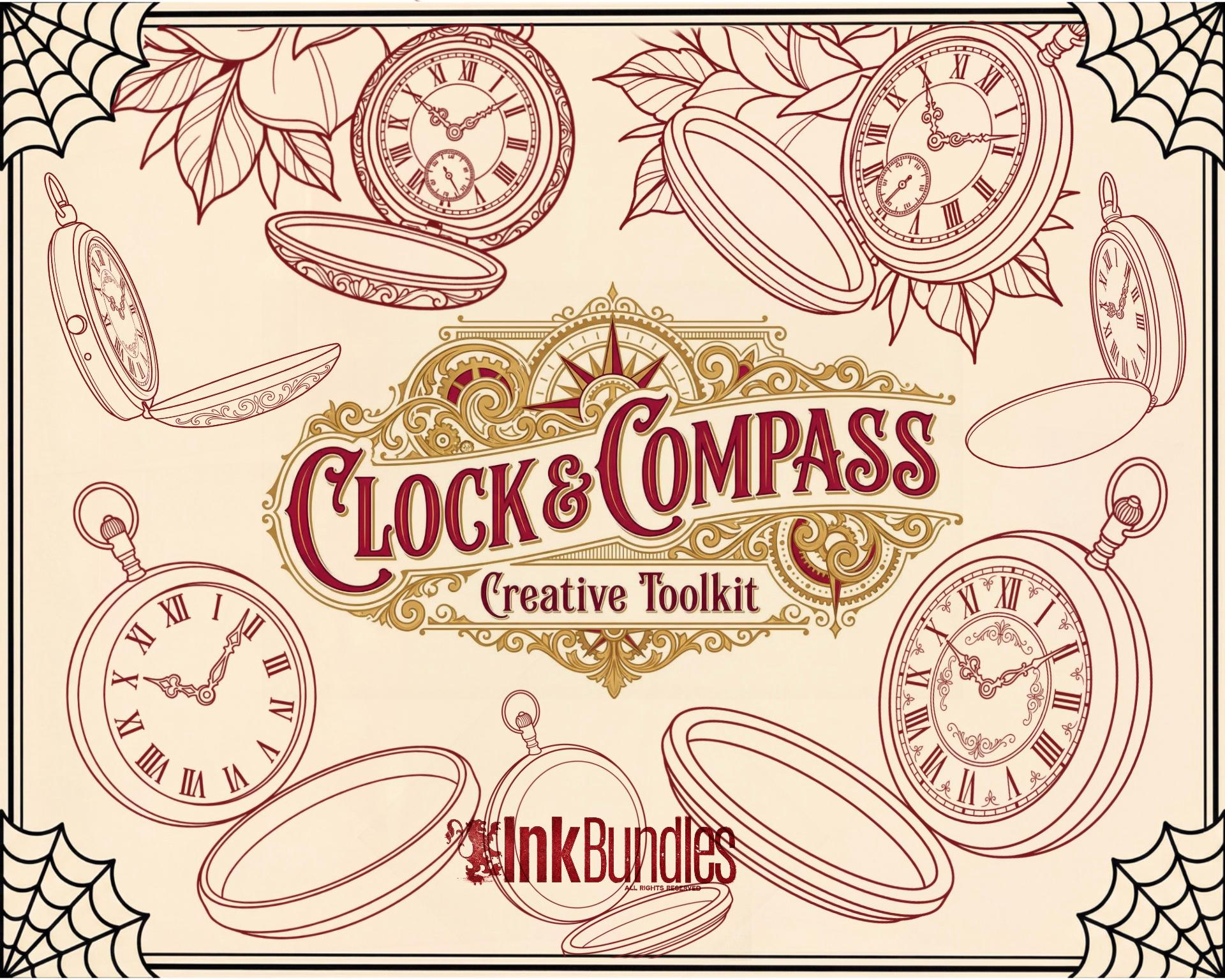Clock Compass Procreate Brushes, Pocket Watch Tattoo Stencils, Timepiece Stamps Digital Download