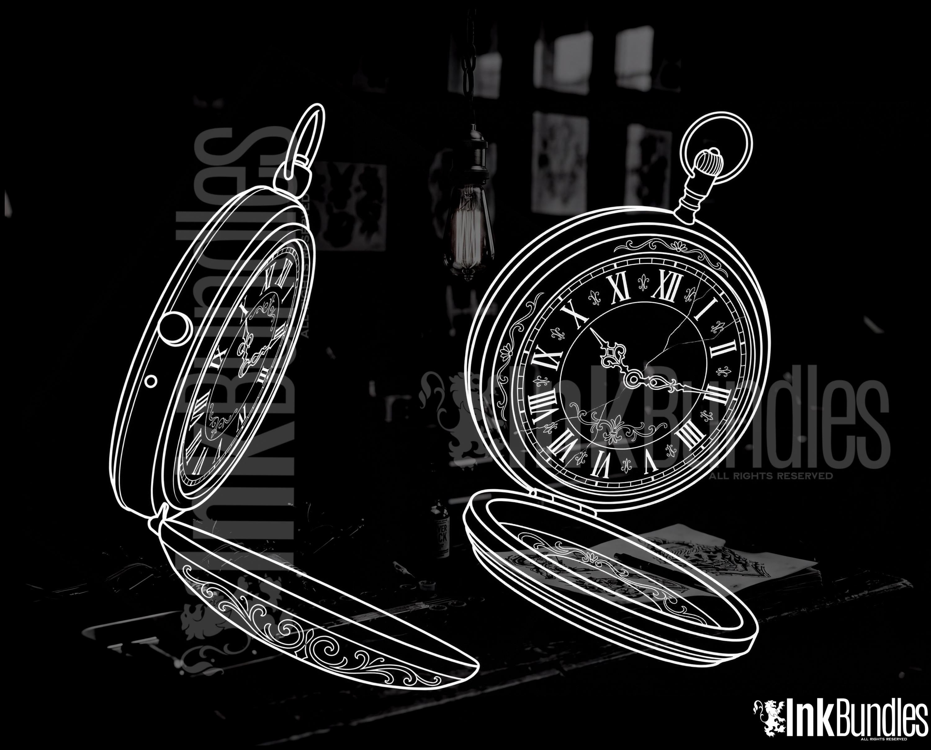 Clock Compass Procreate Brushes, Pocket Watch Tattoo Stencils, Timepiece Stamps Digital Download