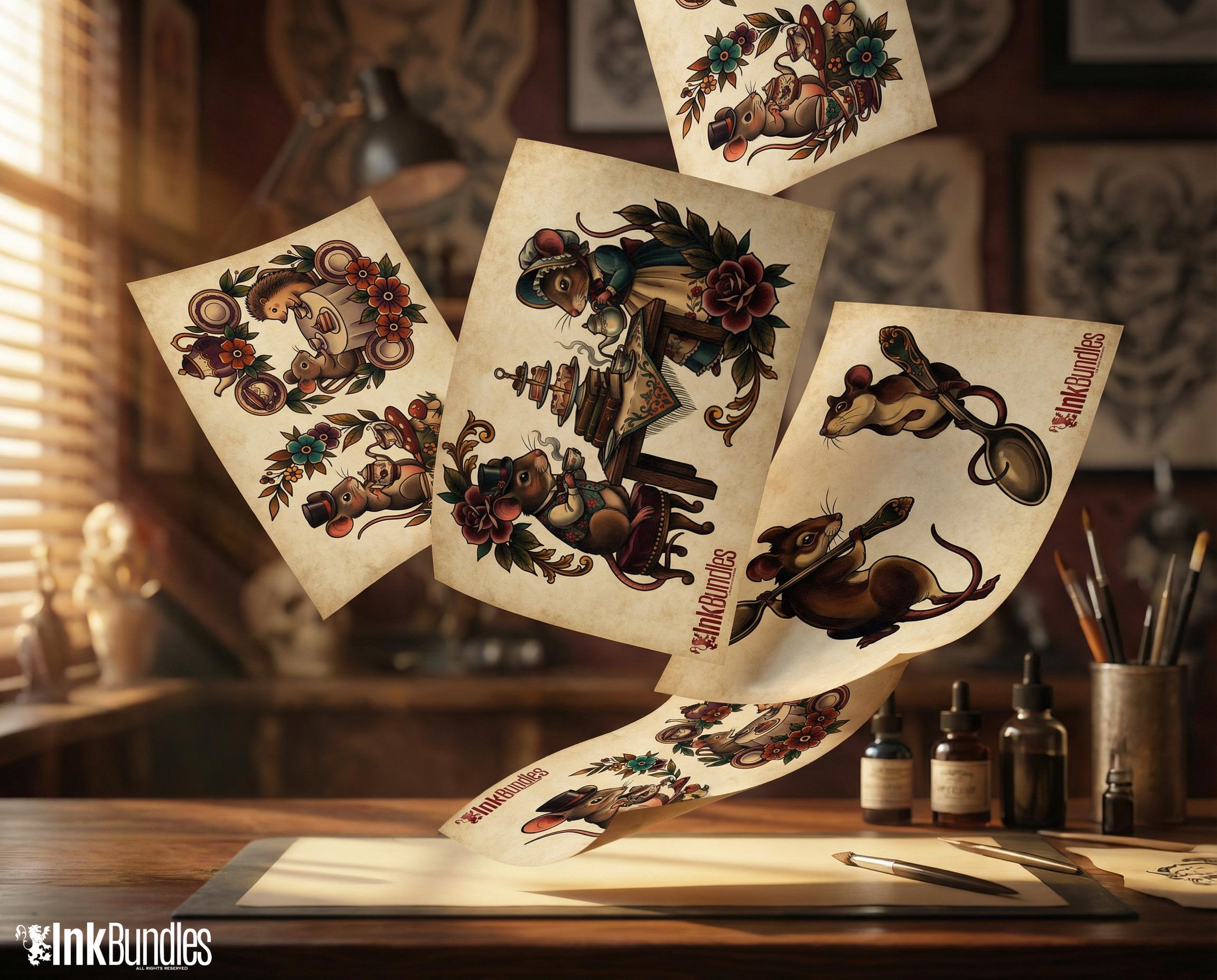 Neo Traditional Tattoo Bundle | Tea Party Tattoo Designs | Procreate + PNG | Floral Teacup Art | Download