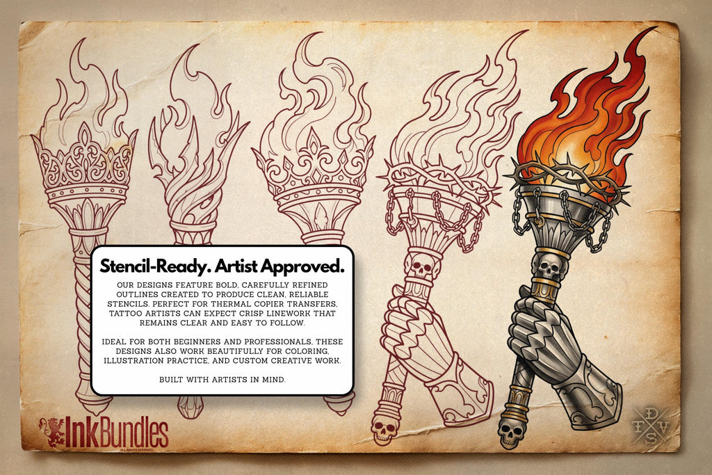 Fire & Torch Tattoo Toolkit, Flame, Lamp PNG Procreate Bundle, Tattoo Flash Brushset for Artists