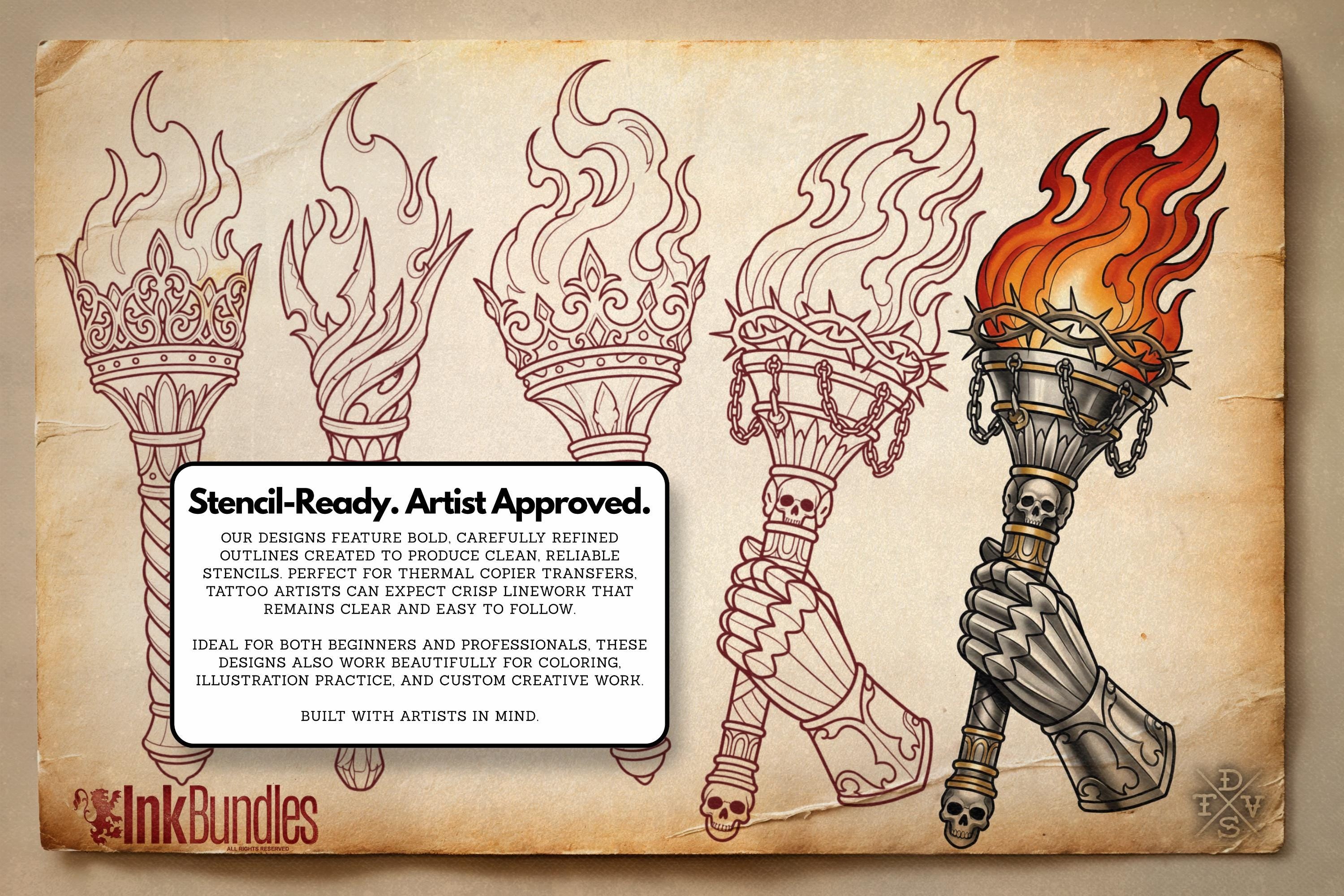 Fire & Torch Tattoo Toolkit, Flame, Lamp PNG Procreate Bundle, Tattoo Flash Brushset for Artists