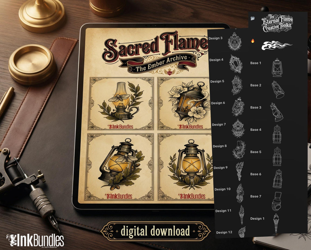 Fire & Torch Tattoo Toolkit, Flame, Lamp PNG Procreate Bundle, Tattoo Flash Brushset for Artists