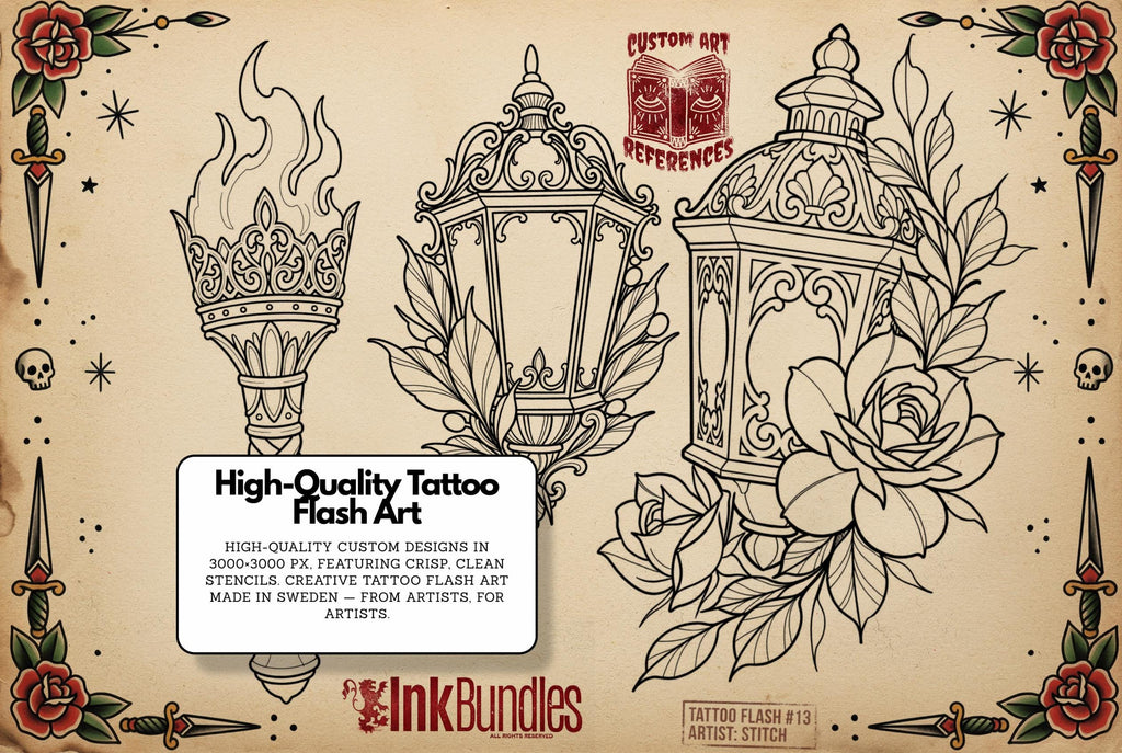 Fire & Torch Tattoo Toolkit, Flame, Lamp PNG Procreate Bundle, Tattoo Flash Brushset for Artists