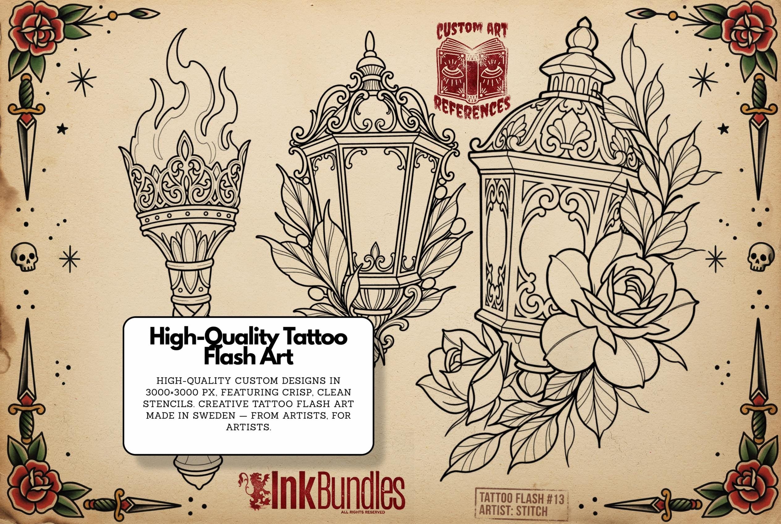 Fire & Torch Tattoo Toolkit, Flame, Lamp PNG Procreate Bundle, Tattoo Flash Brushset for Artists