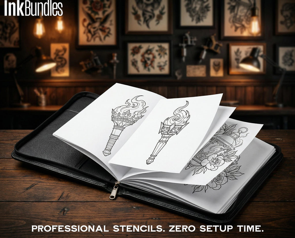 Fire & Torch Tattoo Toolkit, Flame, Lamp PNG Procreate Bundle, Tattoo Flash Brushset for Artists
