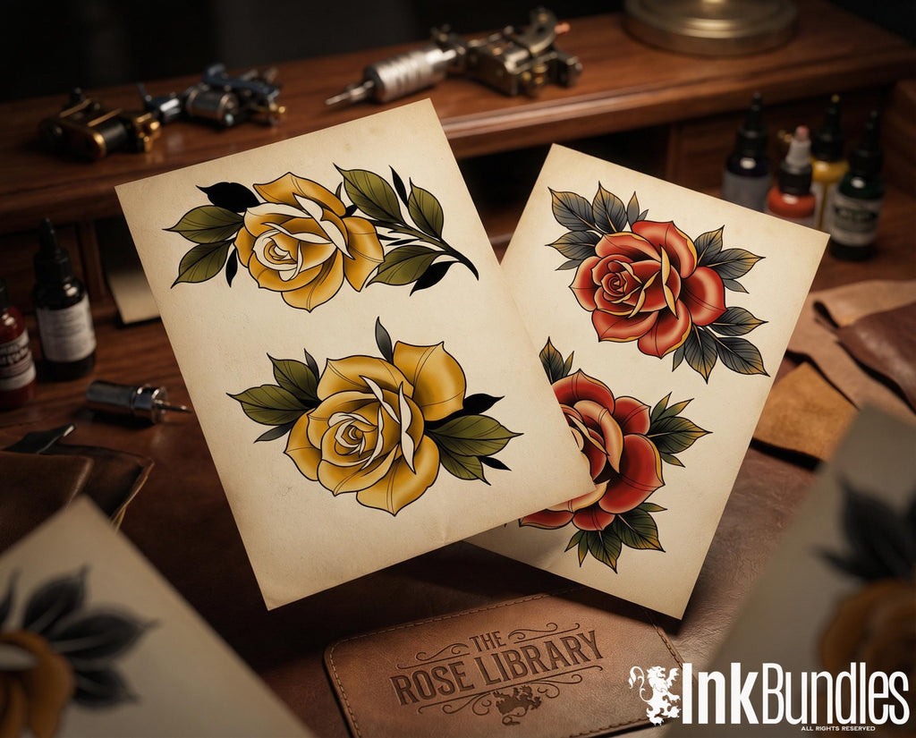 Rose Tattoo Flash PDF eBook | Neo Traditional Stencils | Old School Flower References & Coloring Pages