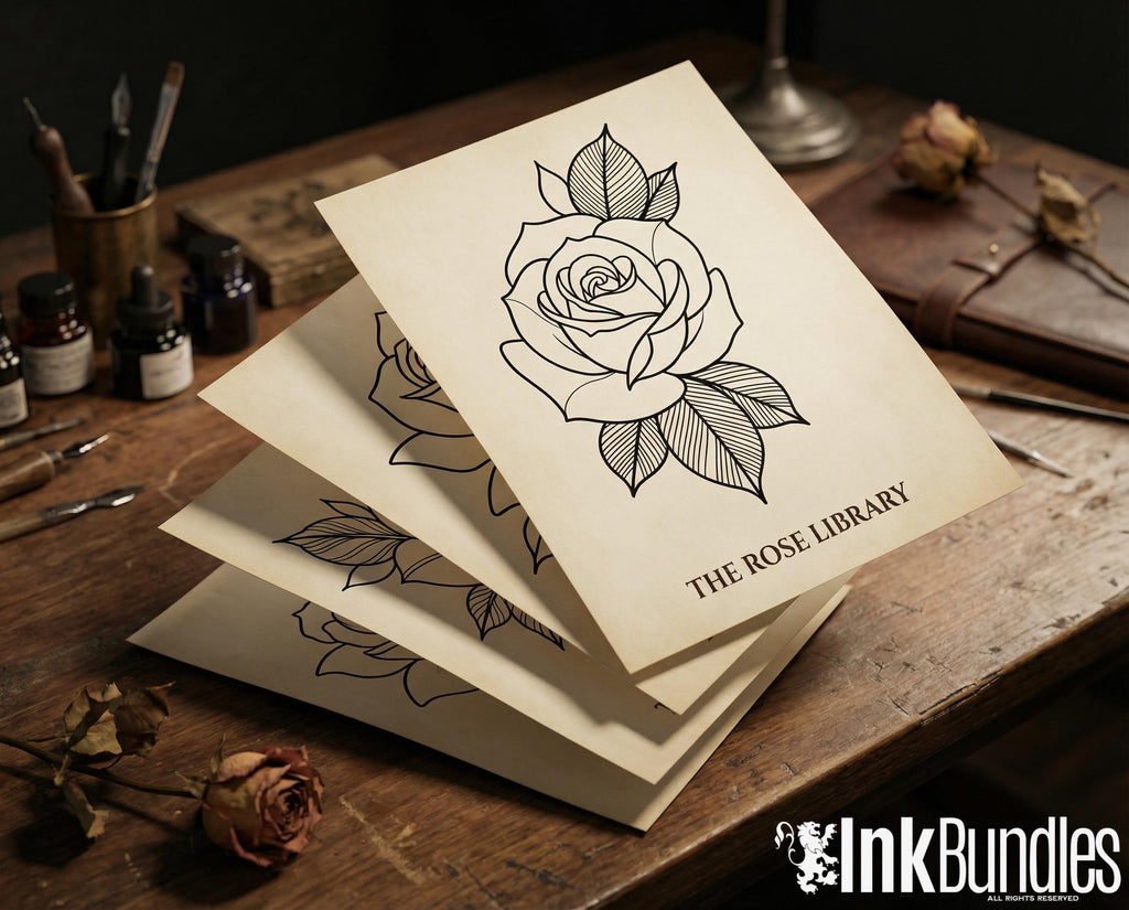 Rose Tattoo Flash PDF eBook | Neo Traditional Stencils | Old School Flower References & Coloring Pages