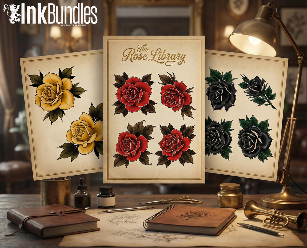 Rose Tattoo Flash PDF eBook | Neo Traditional Stencils | Old School Flower References & Coloring Pages