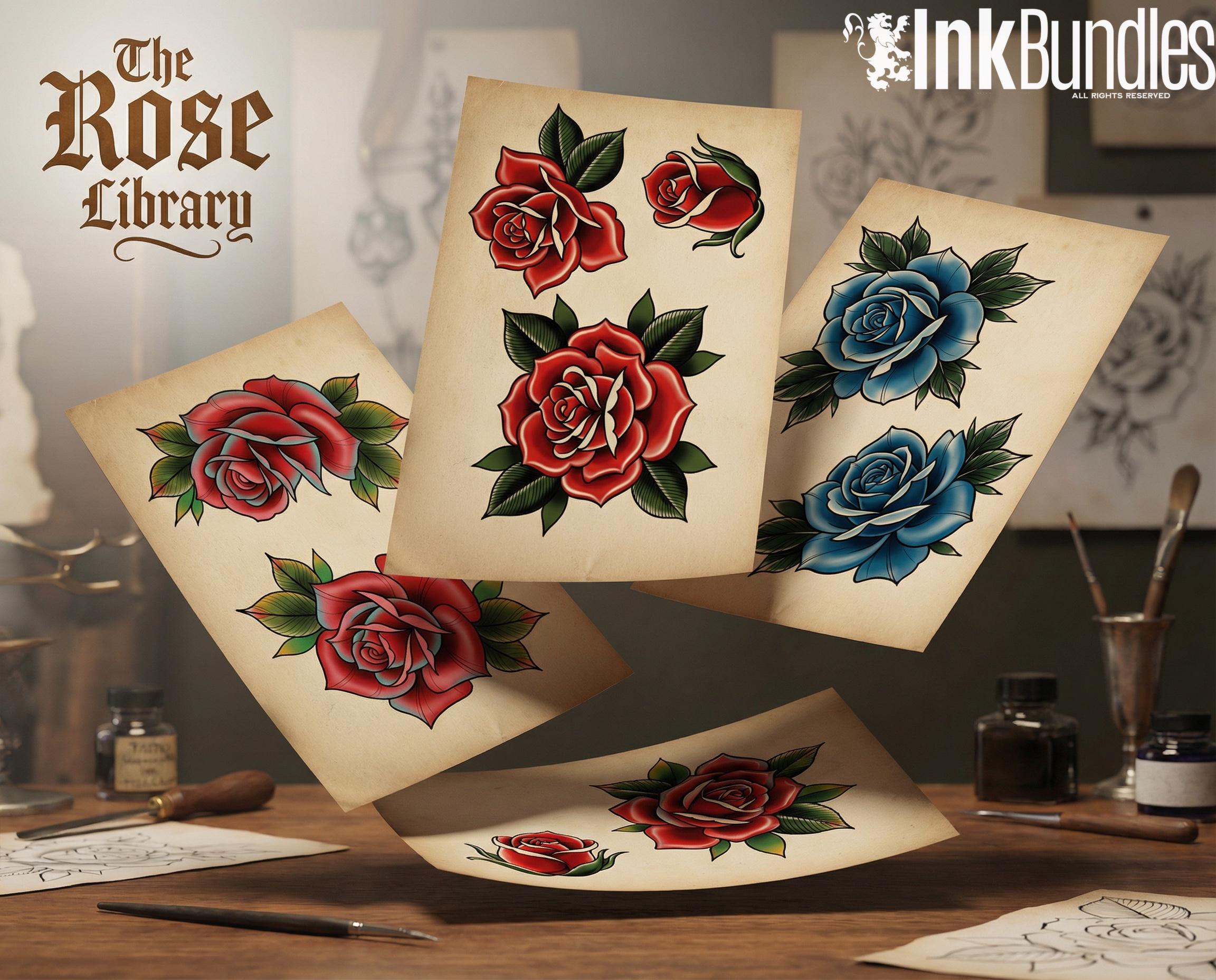 Rose Tattoo Flash PDF eBook | Neo Traditional Stencils | Old School Flower References & Coloring Pages