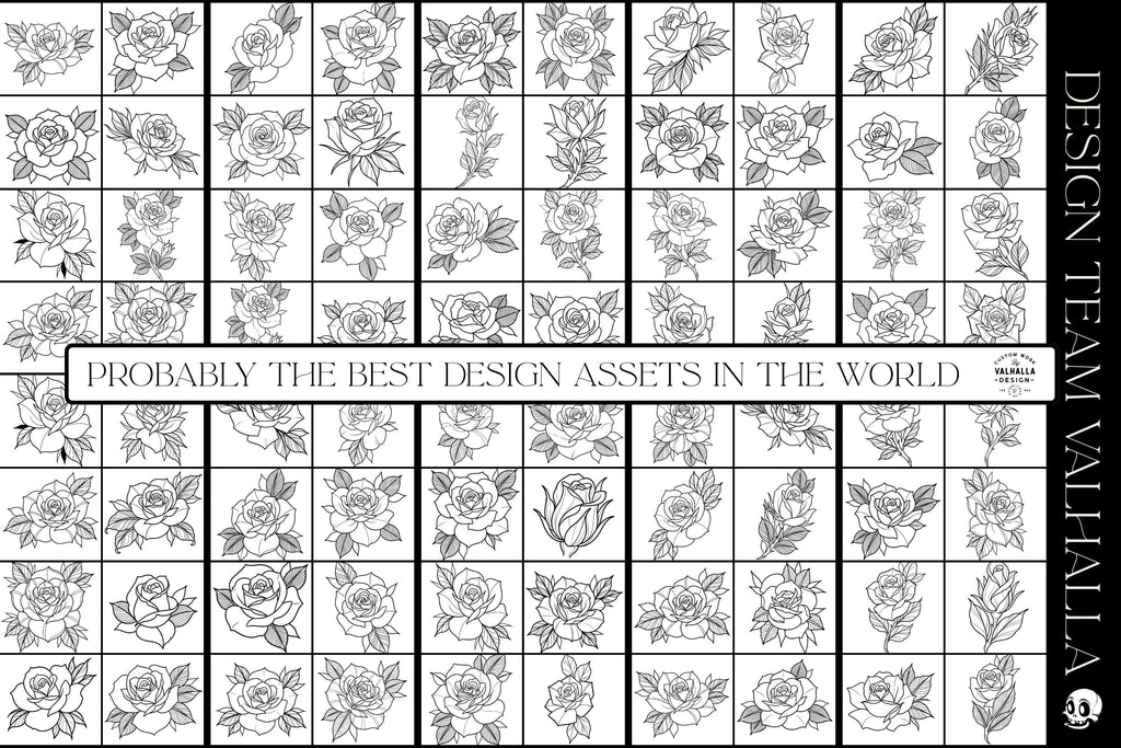 Rose Tattoo Flash PDF eBook | Neo Traditional Stencils | Old School Flower References & Coloring Pages
