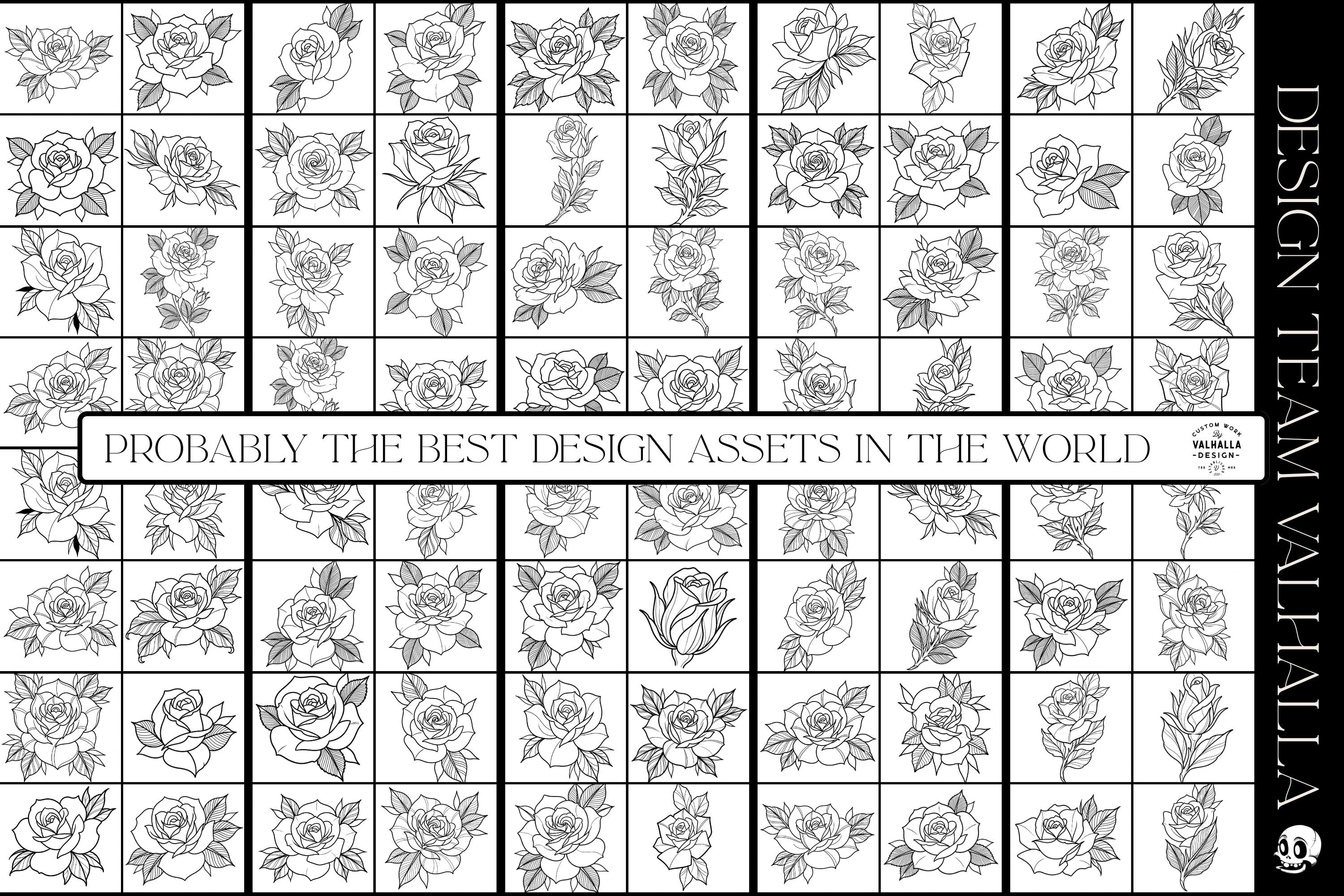 Rose Tattoo Flash PDF eBook | Neo Traditional Stencils | Old School Flower References & Coloring Pages