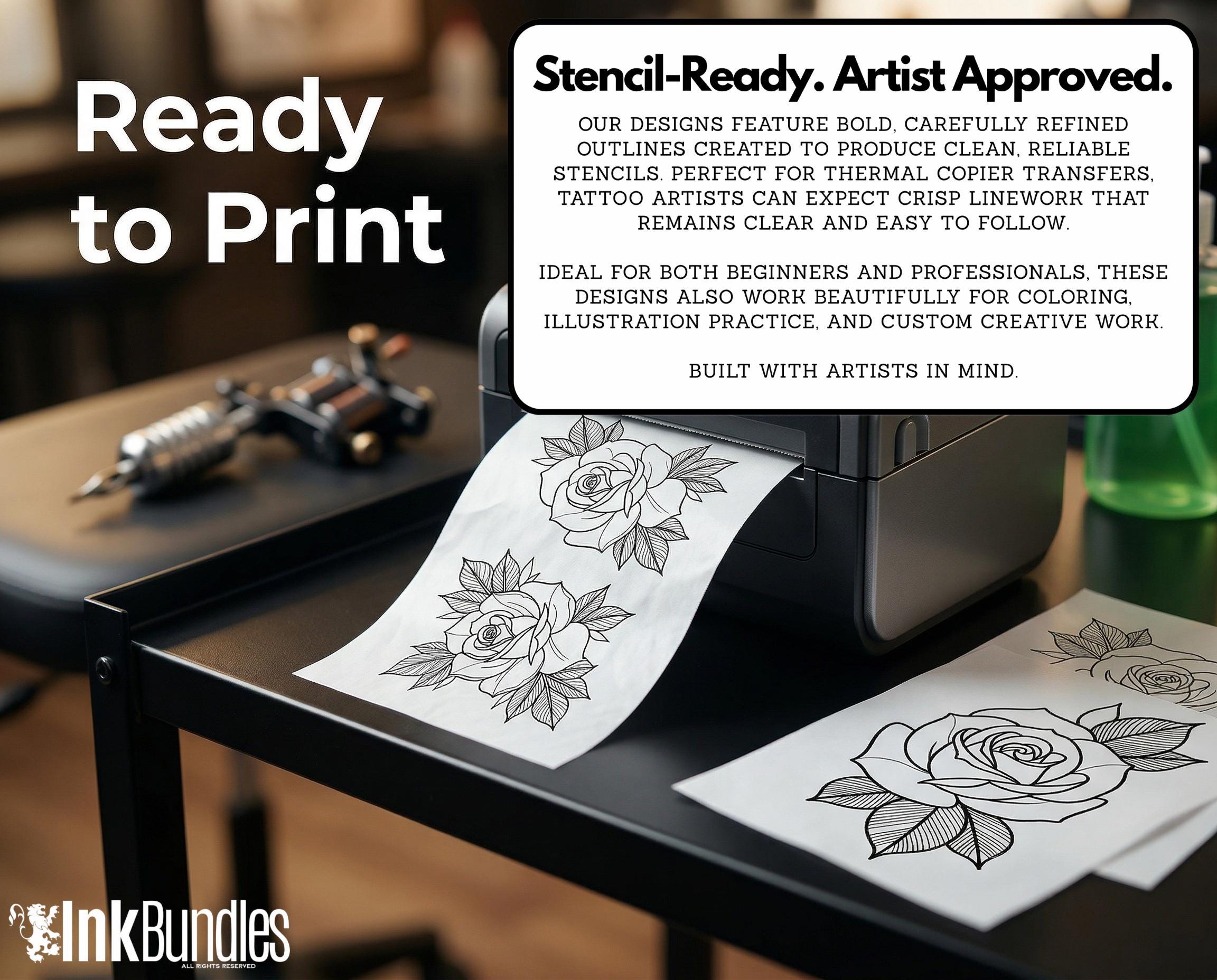 Rose Tattoo Flash PDF eBook | Neo Traditional Stencils | Old School Flower References & Coloring Pages