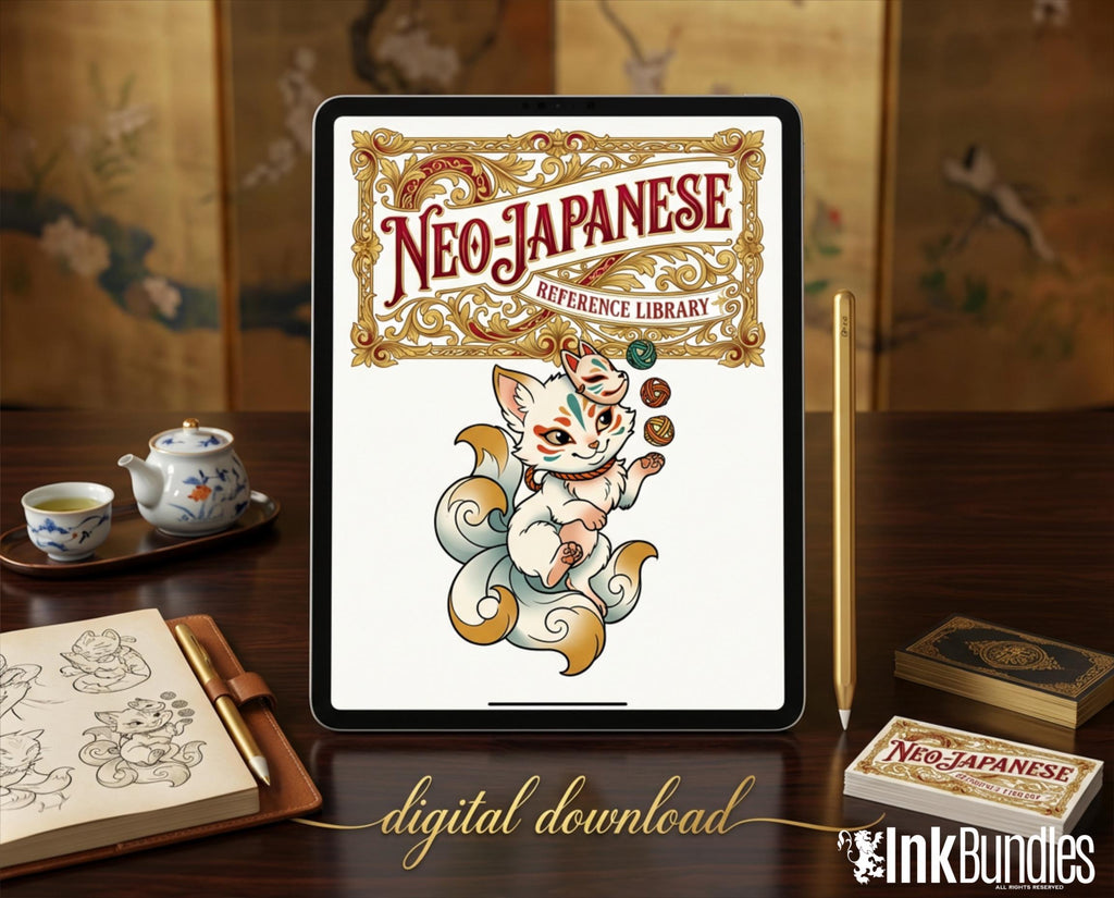 Neo Traditional Japanese Tattoo Reference Kit, Procreate Stamps + PNG, 120+ Clean Stencils