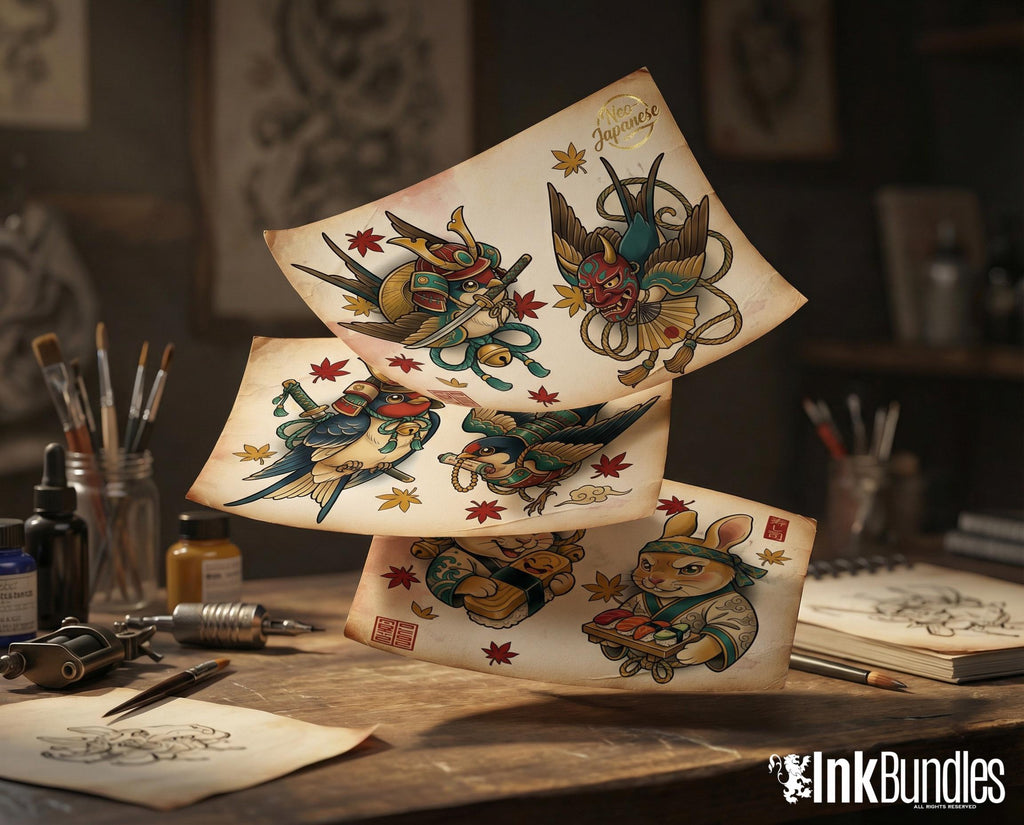 Neo Traditional Japanese Tattoo Reference Kit, Procreate Stamps + PNG, 120+ Clean Stencils