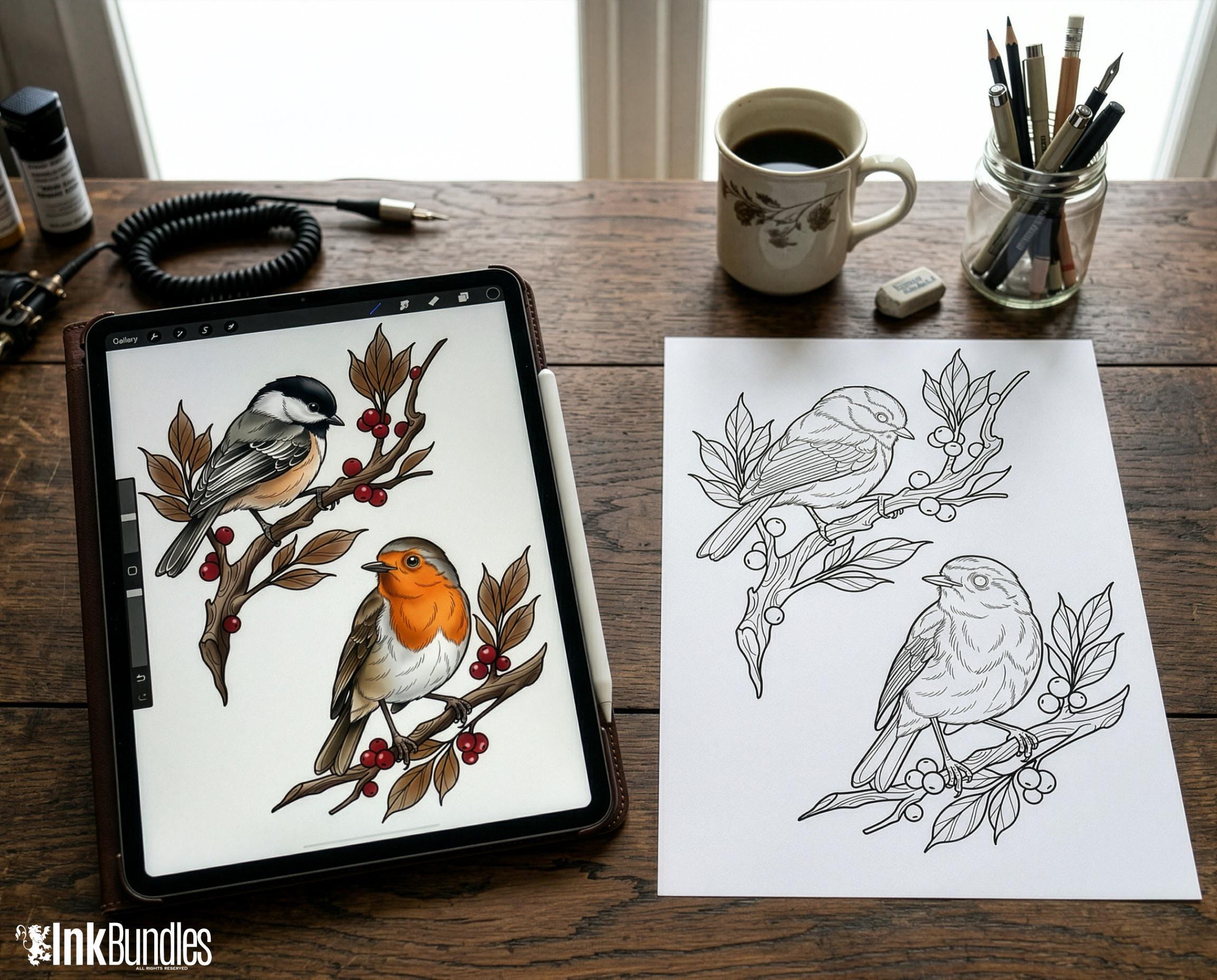 Neo Traditional Birds Tattoo Reference Kit, Procreate Stamps + PNG, 100+ Original Designs