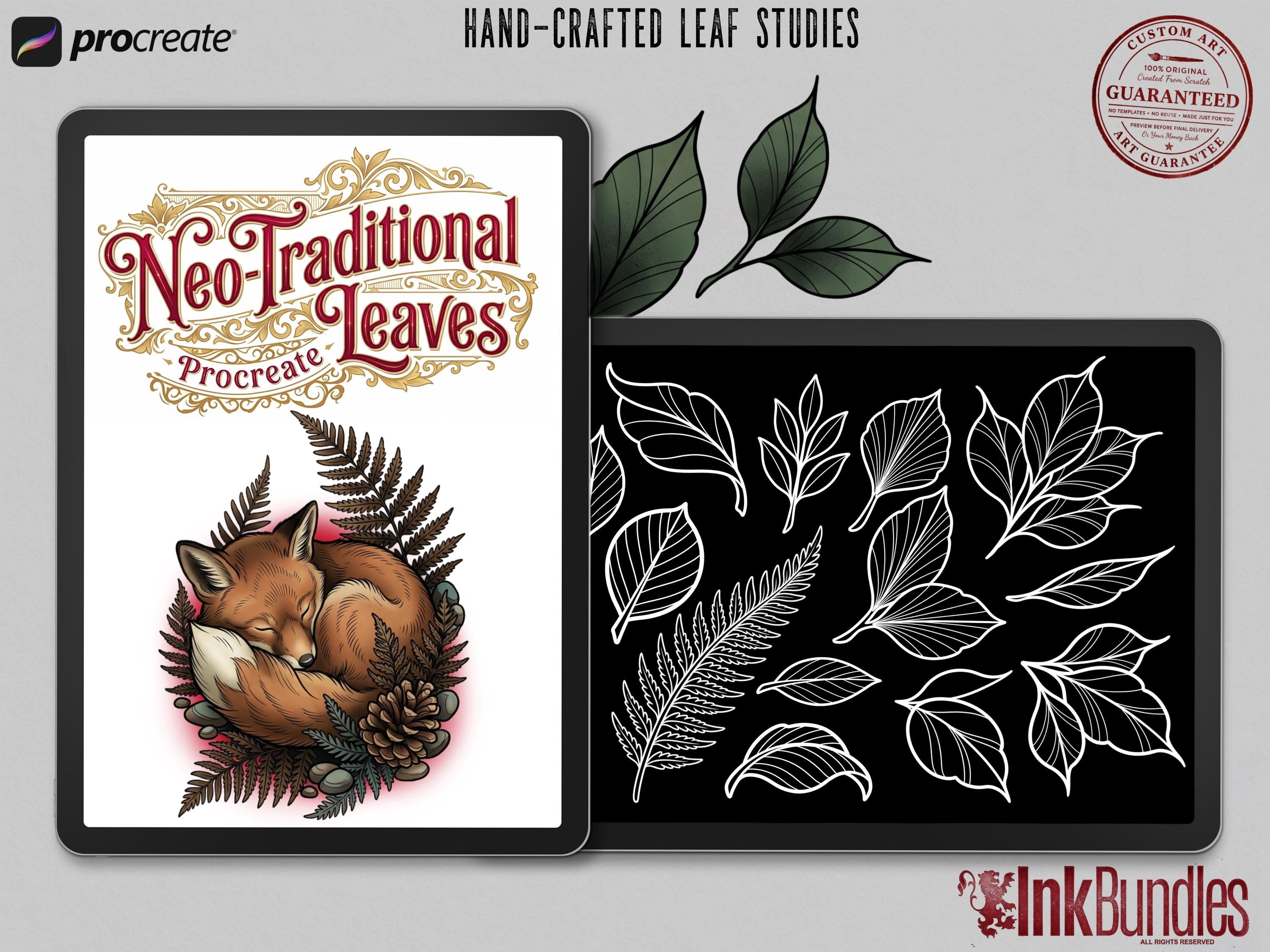 Procreate Neo traditional Fine Line Leaves, Custom Leaf Design Kit