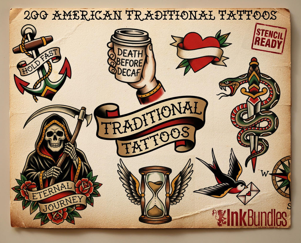 200+ American Traditional Tattoo Designs – Procreate Brushes & PNG Stencils (Digital Download)