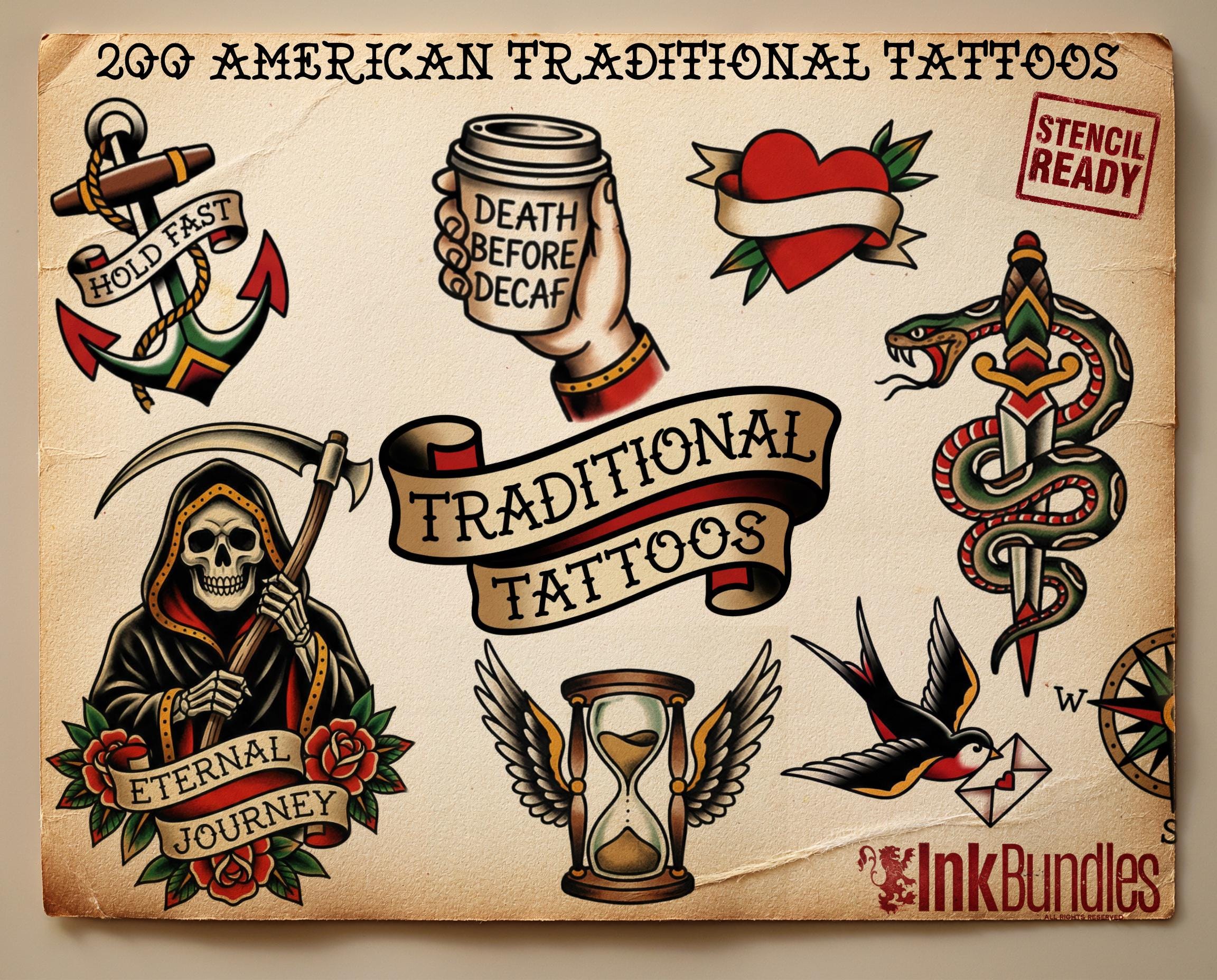 200+ American Traditional Tattoo Designs – Procreate Brushes & PNG Stencils (Digital Download)