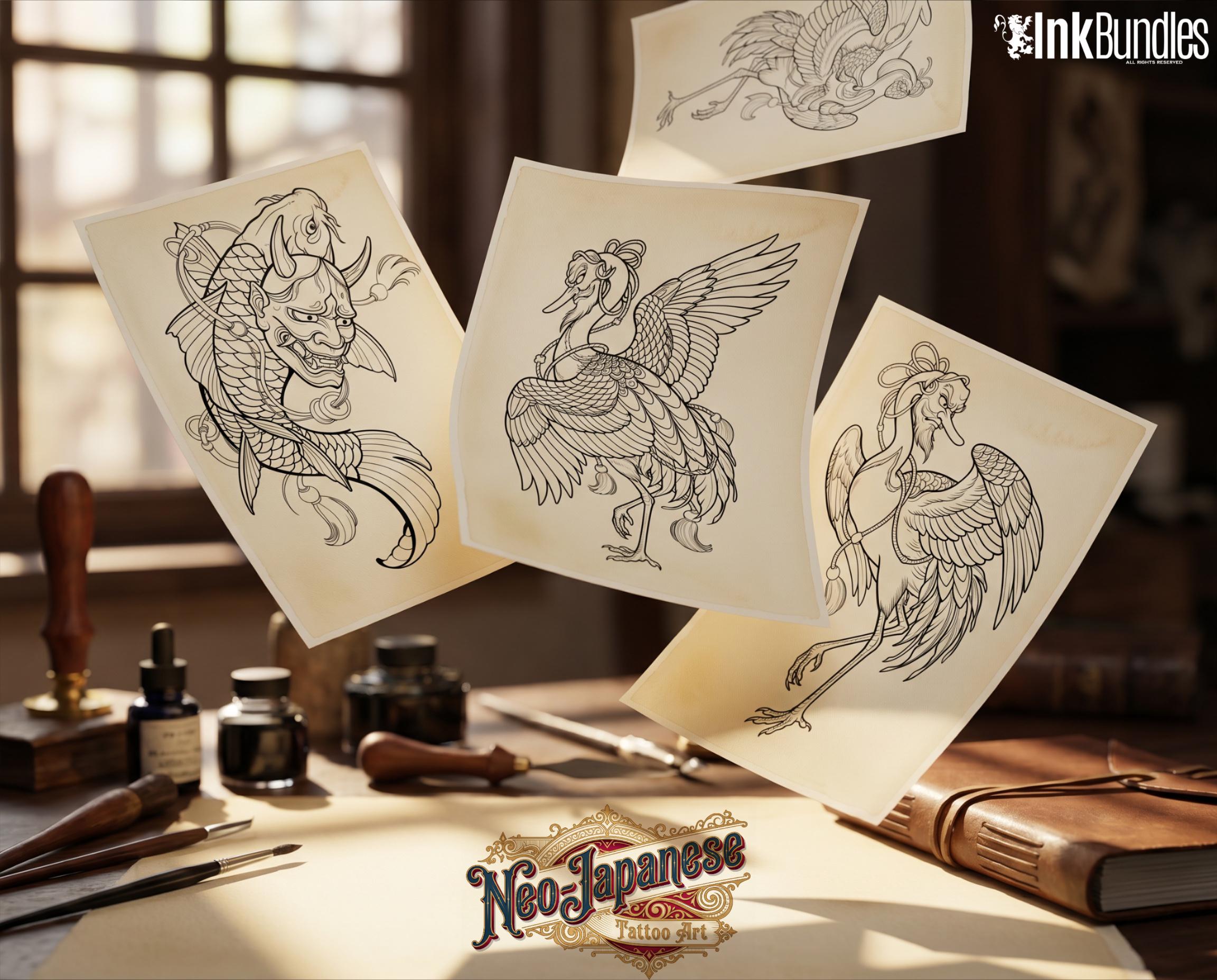 Neo Traditional Japanese Tattoo Reference Kit 2, Procreate Stamps + PNG, Silverfang, Oni demons, stencils