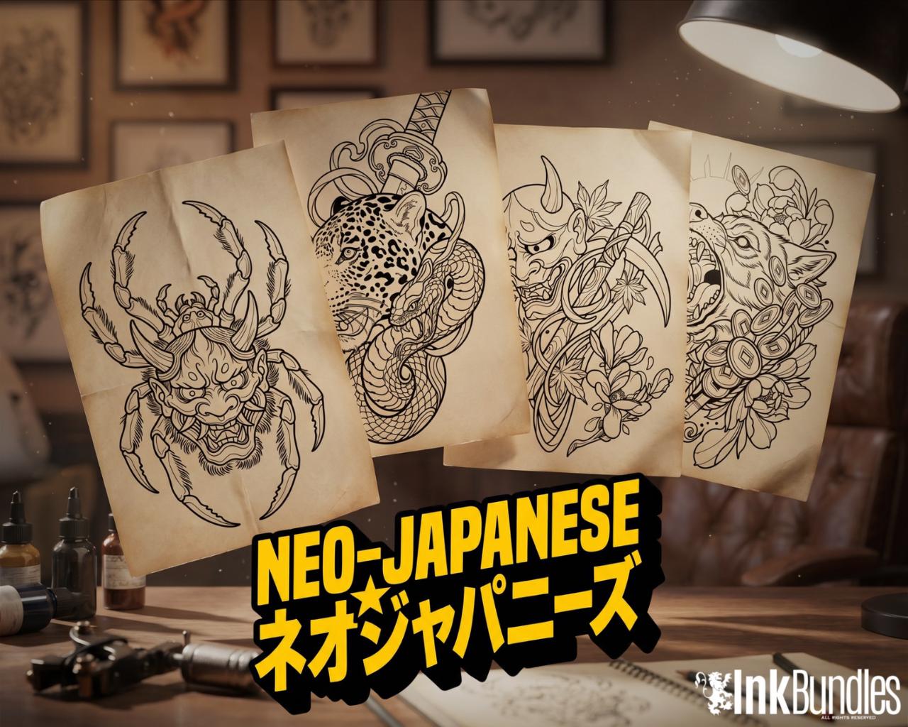 Neo Traditional Japanese Tattoo Reference Kit 2, Procreate Stamps + PNG, Silverfang, Oni demons, stencils