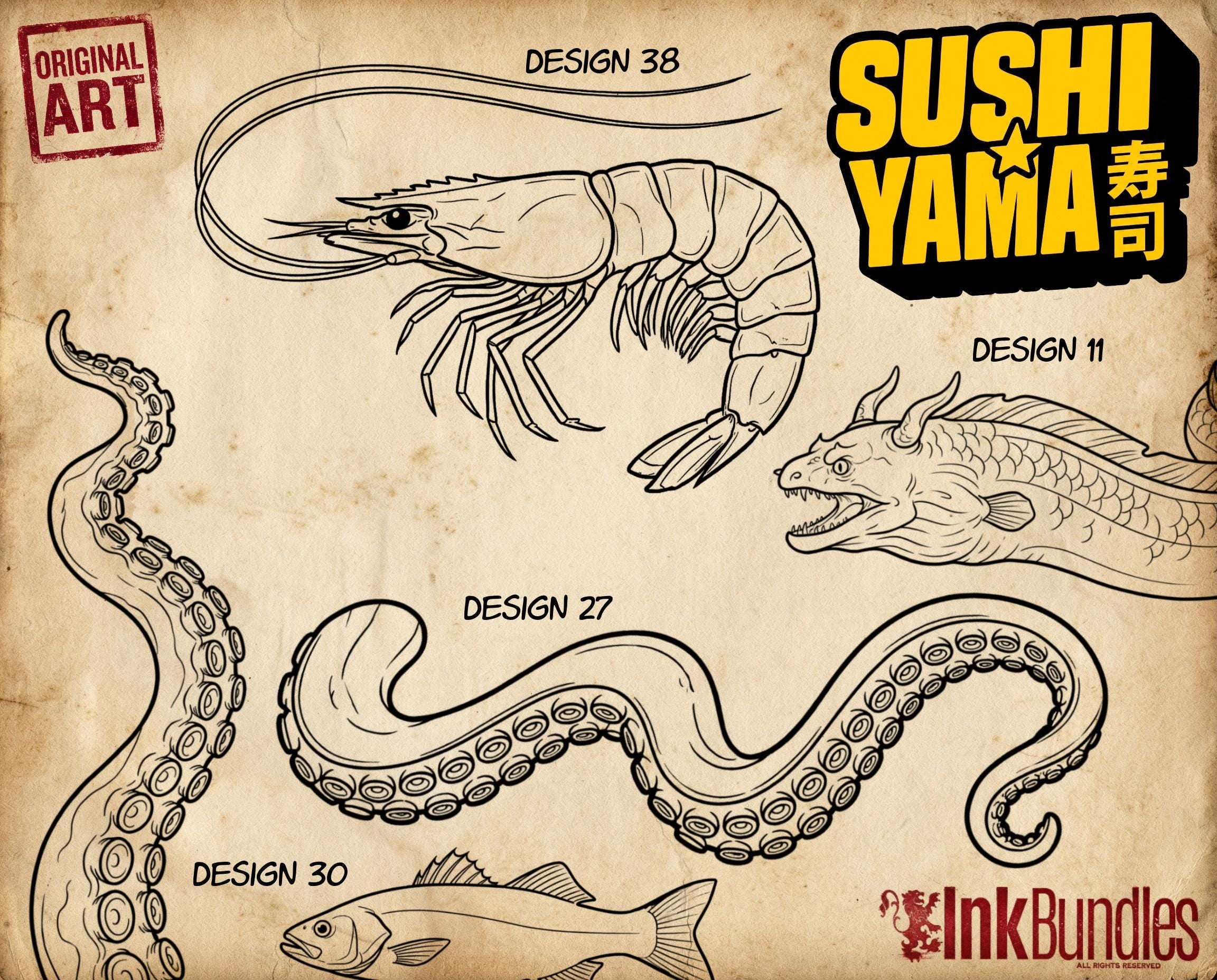 Sushi Yama Tattoo Reference Bundle, Custom design kit, Procreate stamps,
