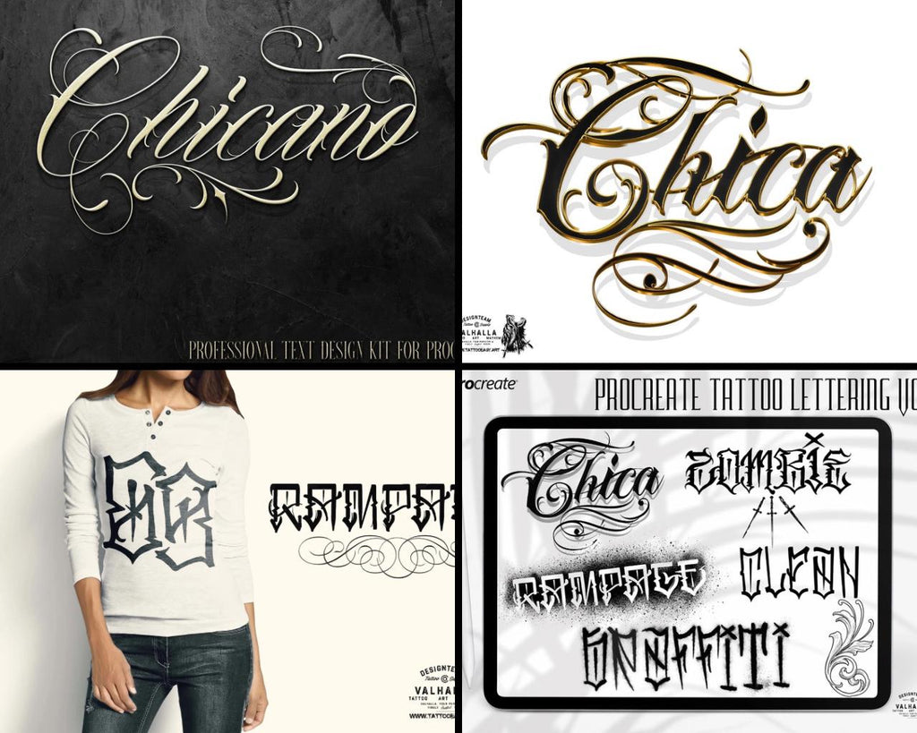 Chicano Lettering Artist for Procreate, tattoo letter design kit,