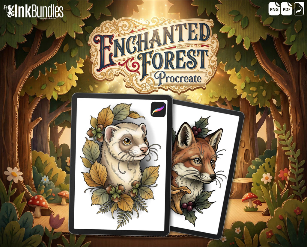 Neo Traditional Tattoo Bundle | The Enchanted Forest | Procreate + PNG | Wildlife tattoo stencils / pdf | Digital Download