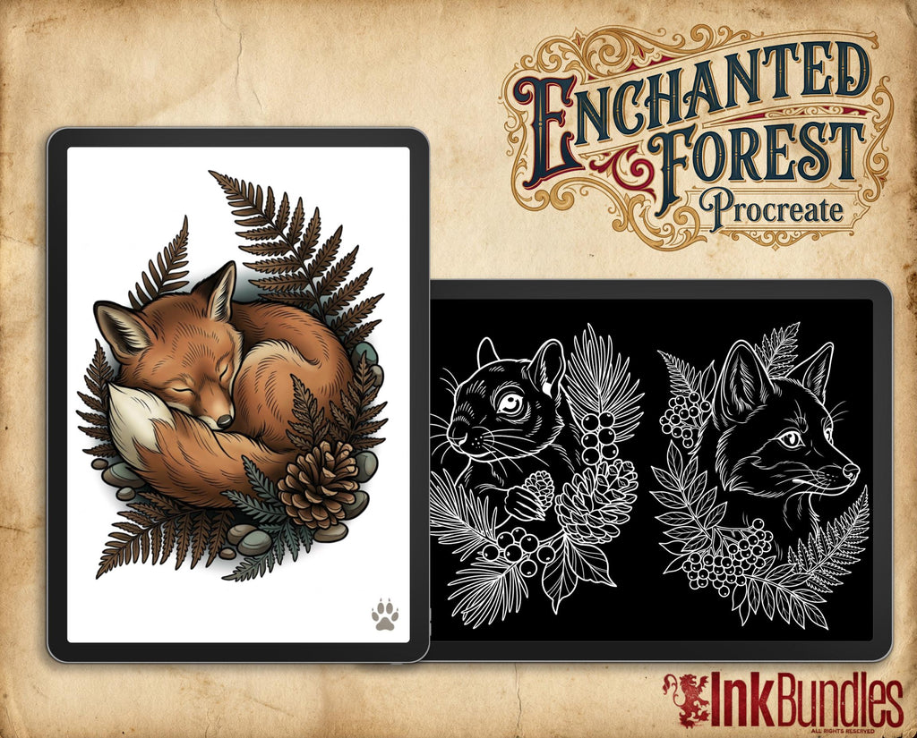 Neo Traditional Tattoo Bundle | The Enchanted Forest | Procreate + PNG | Wildlife tattoo stencils / pdf | Digital Download