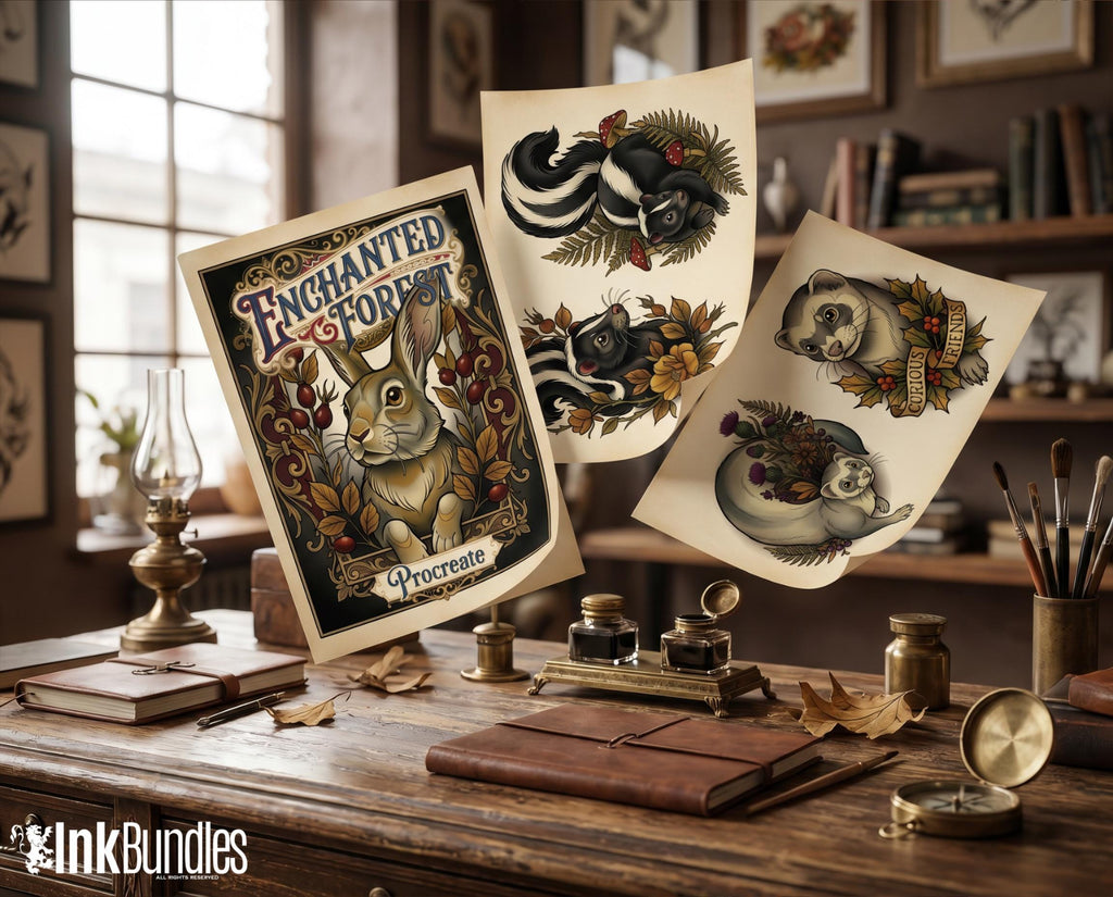 Neo Traditional Tattoo Bundle | The Enchanted Forest | Procreate + PNG | Wildlife tattoo stencils / pdf | Digital Download