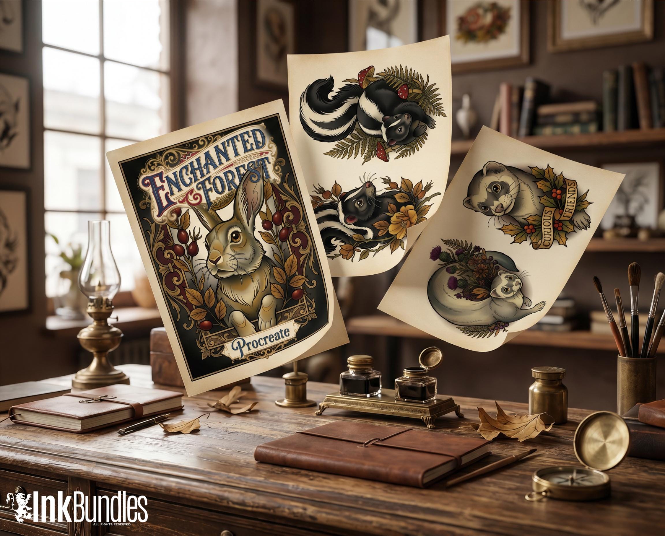 Neo Traditional Tattoo Bundle | The Enchanted Forest | Procreate + PNG | Wildlife tattoo stencils / pdf | Digital Download