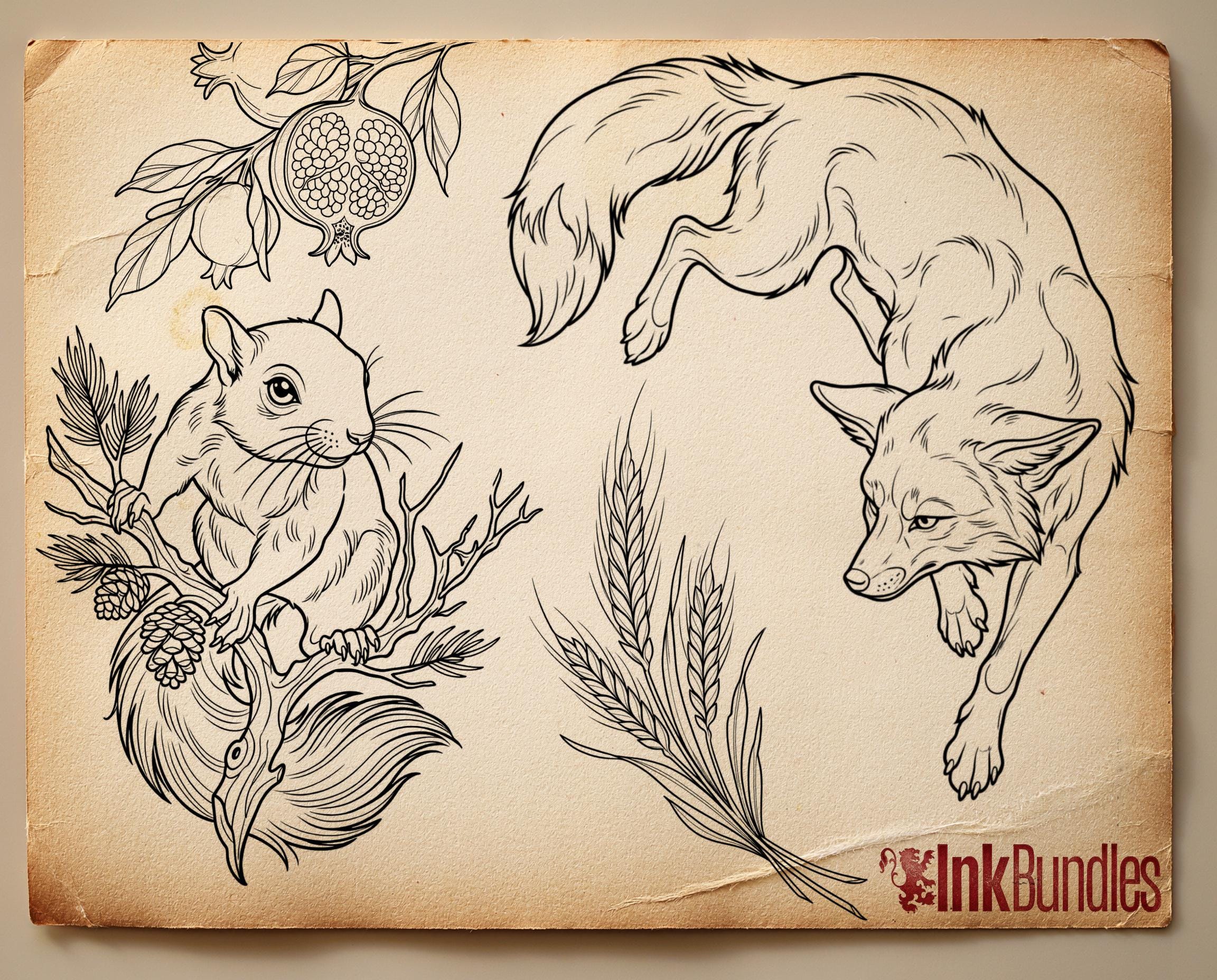 Neo Traditional Tattoo Bundle | The Enchanted Forest | Procreate + PNG | Wildlife tattoo stencils / pdf | Digital Download