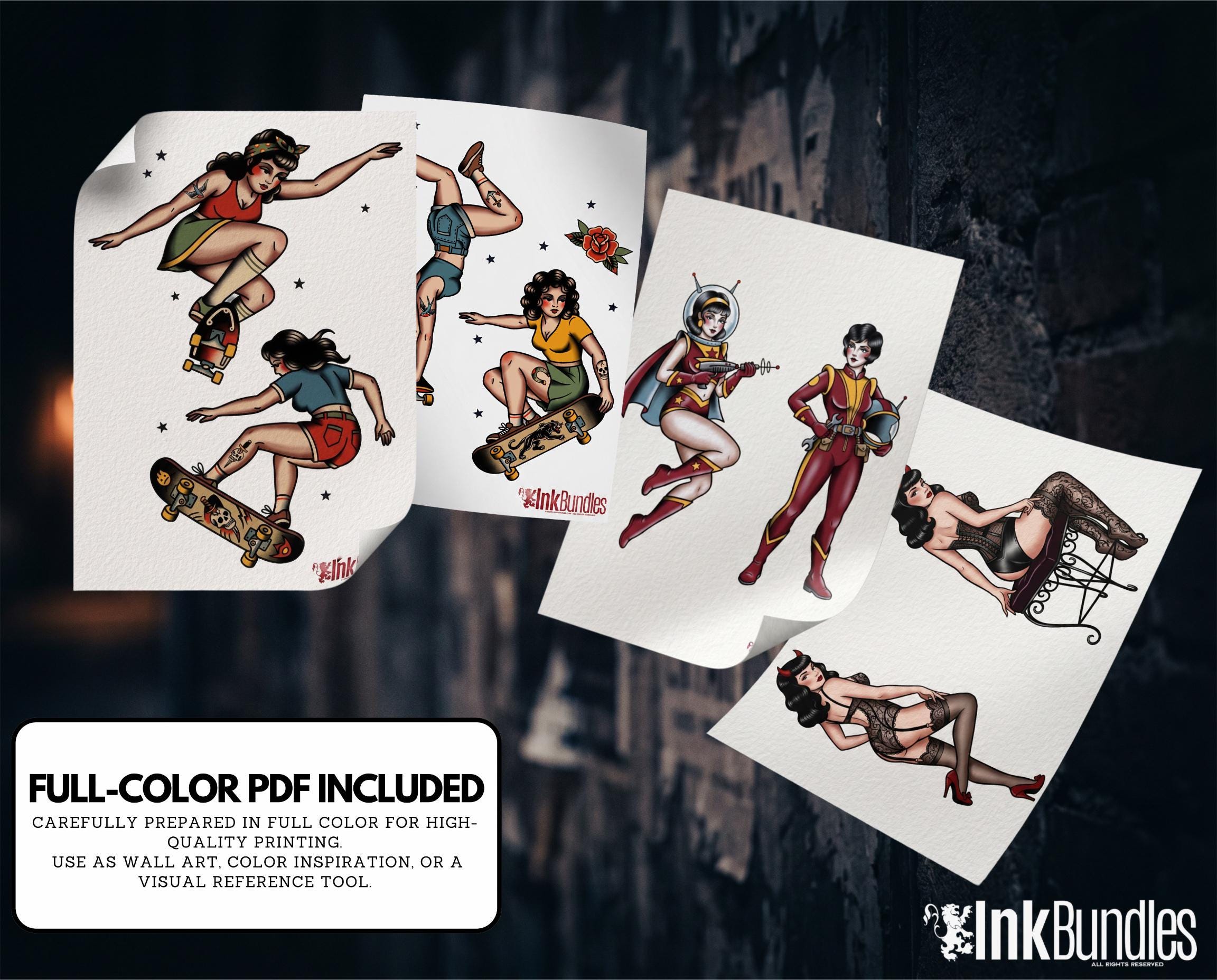Traditional Pinup design kit, creative unique tattoo flash reference bundle for artists