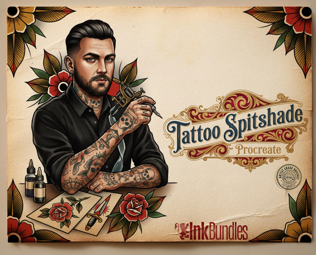 Tattoo Flash Brush Set: Watercolor, Spitshade, Ink, Paper Textures, digital download