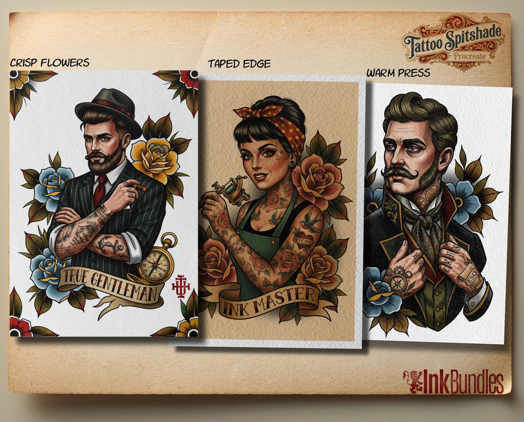 Tattoo Flash Brush Set: Watercolor, Spitshade, Ink, Paper Textures, digital download