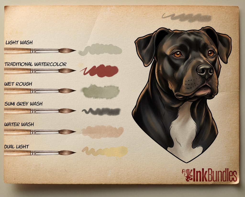 Tattoo Flash Brush Set: Watercolor, Spitshade, Ink, Paper Textures, digital download