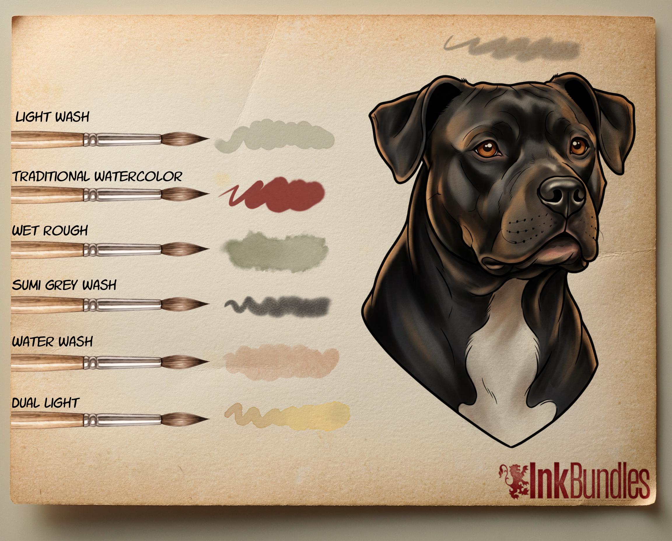 Tattoo Flash Brush Set: Watercolor, Spitshade, Ink, Paper Textures, digital download