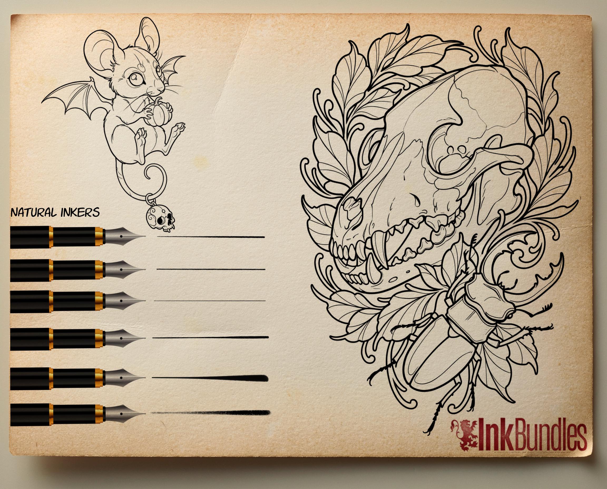Tattoo Flash Brush Set: Watercolor, Spitshade, Ink, Paper Textures, digital download