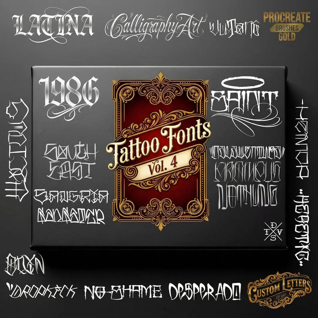 Tattoo Lettering Bundle for Procreate – Chicano Blackletter Fonts, Custom Script Brushes & PNG Lettering Pack