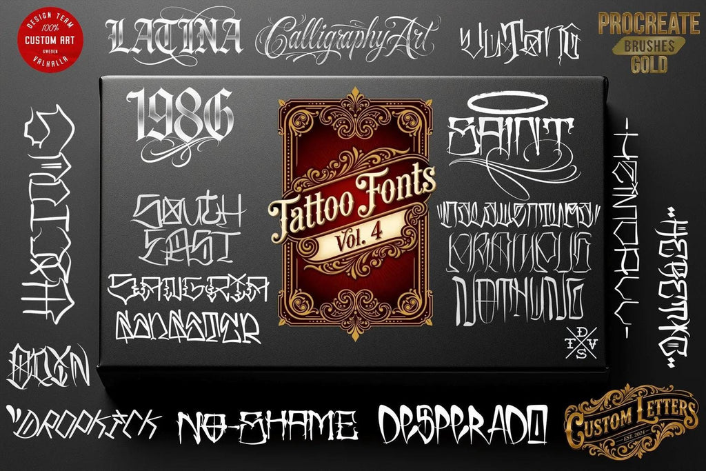 Tattoo Lettering Bundle for Procreate – Chicano Blackletter Fonts, Custom Script Brushes & PNG Lettering Pack