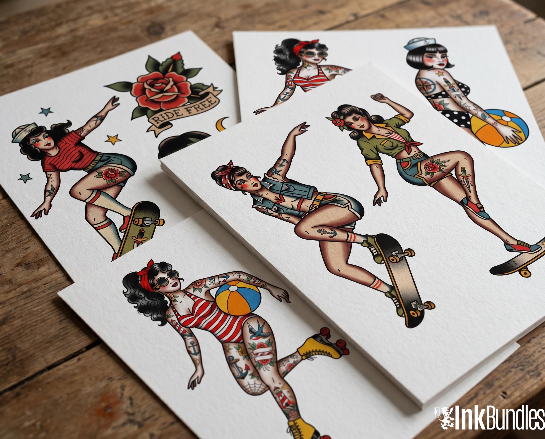 Traditional Pinup design kit, creative unique tattoo flash reference bundle for artists