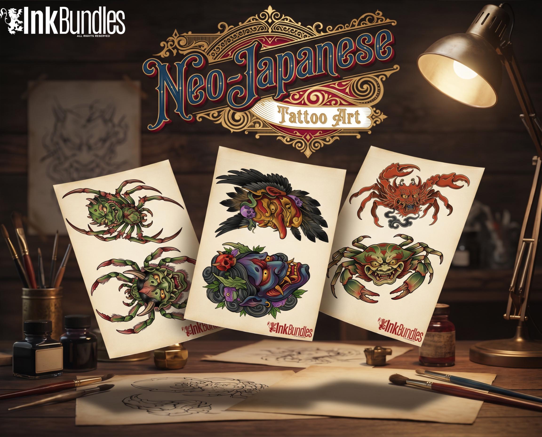 Neo Traditional Japanese Tattoo Reference Kit 2, Procreate Stamps + PNG, Silverfang, Oni demons, stencils