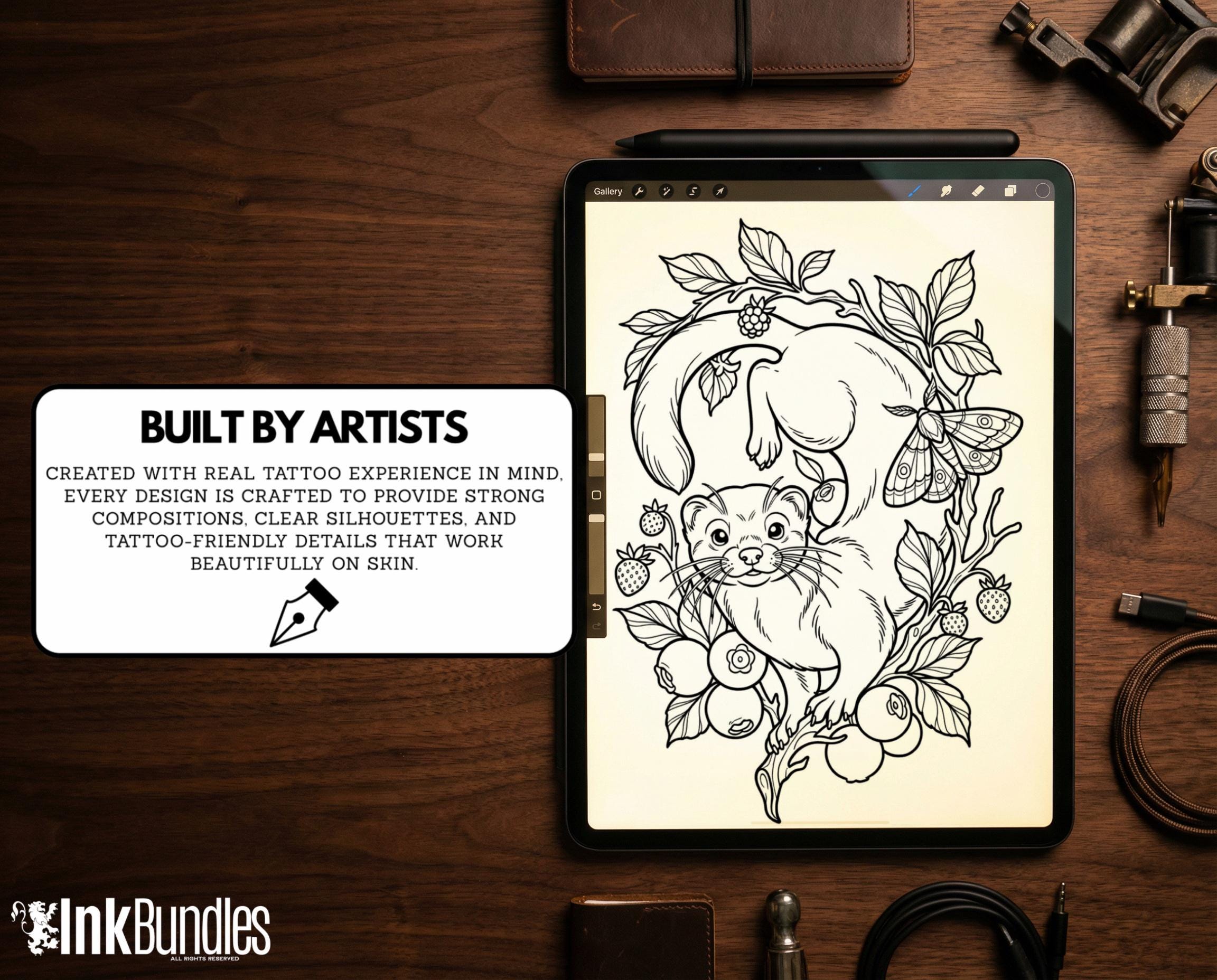 Neo Traditional Tattoo Bundle | The Enchanted Forest | Procreate + PNG | Wildlife tattoo stencils / pdf | Digital Download